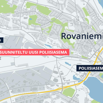 Rovaniemen poliisilaitoksen sijaintikartta. Uuden suunniteltu sijainti Verstaantiellä.