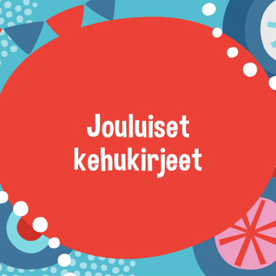 Punainen pallo, jossa on otsikko, ympärillä on tanssivia tonttuja.
