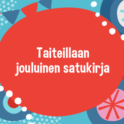 Punainen pallo, jossa on otsikko, ympärillä on tanssivia tonttuja.