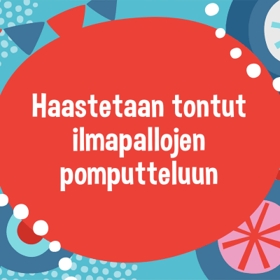 Punainen pallo, jossa on otsikko, ympärillä on tanssivia tonttuja.
