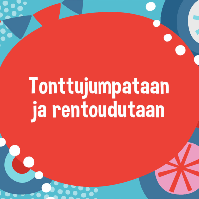 Punainen pallo, jossa on otsikko, ympärillä on tanssivia tonttuja.