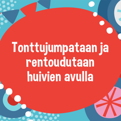  Punainen pallo, jossa on otsikko, ympärillä on tanssivia tonttuja.
