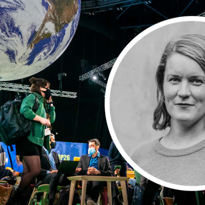 Kommentarsbildkollage - Marianne Sundholm och en bild från klimatmöte - en stor jordglob syns.