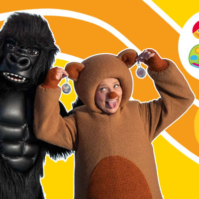Galaxon gorilla ja Pikku Kakkosen Nalle pitävät käsissään heijastimia.