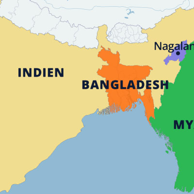 Karta över delar av Indien och Myanmark, samt av Bangladesh och provinsen Nagaland.