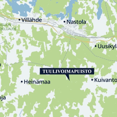 Karttakuva, johon on merkitty Orimattilan Kuivannolle suunnitellun tuulivoimapuiston paikka. Kartalle on merkitty myös muita kyliä ja Orimattilan, Lahden sekä Iitin rajat.