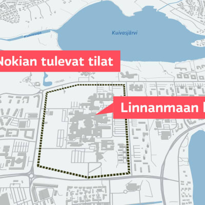 kartta, johon on merkitynä Oulun Linnanmaan alueella Nokia Networksin uuden tehtaan tontti sekä Oulun yliopiston kampusalue.