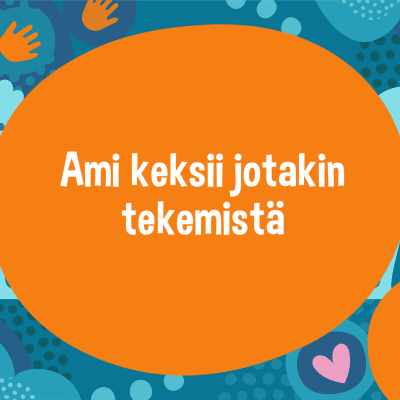 Oranssin ympyrän sisällä lukee otsikko Ami keksii jotakin tekemistä ja ympyrän ulkopuolella seisoo graafisia lapsia.