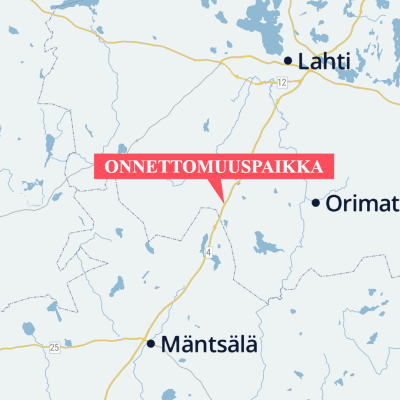 Karttakuva, jossa näkyvät Orimattila, Mäntsälä, Lahti ja Nelostie sekä onnettomuuspaikka Hennan aseman kohdalla.