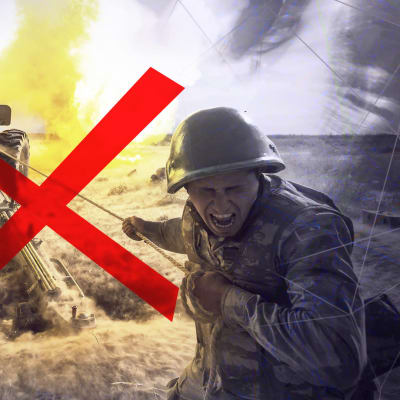 En man avfyrar en kanon i krig. På bilden ett rött kryss.