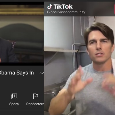 Två skärmdumpar från youtube och tiktok med bilder av USA:s förre president Barack Obama och skådespelaren Tom Cruise. 