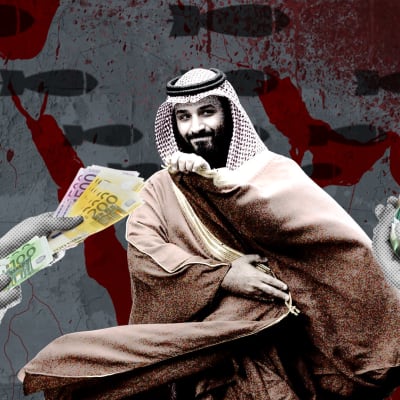 Bildkollage på karta över Mellanöstern, Mummad bin Salman och händer som sträcker fram pengar.