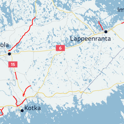 Kartta päällystyskohteiden sijainnista Kaakkois-Suomessa.