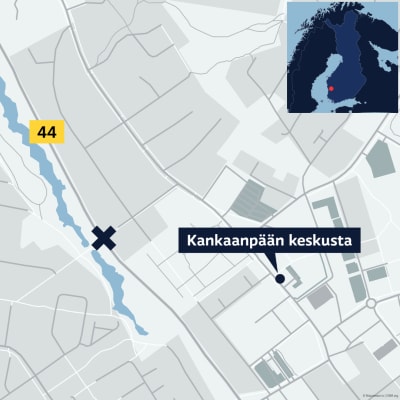 Karttakuva onnettomuuspaikasta Kankaanpäässä.