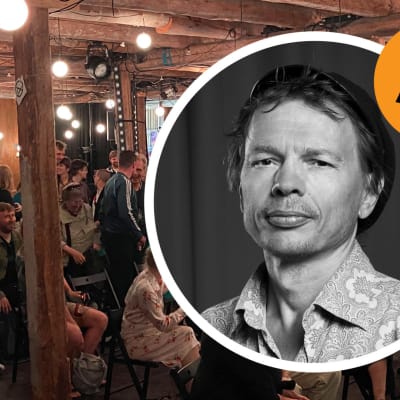 Tomas Jansson i cirkel ovanpå teaterpublik.