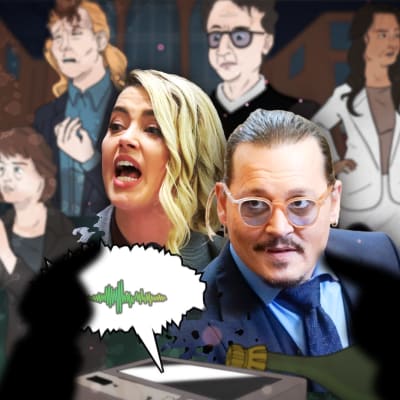 Johnny Depp ja Amber Heard piirretyn oikeustaistelun keskellä. 