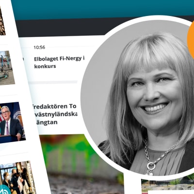 Svartvit profilbild på Johanna Törn-Mangs, i bakgrunden skärmdumpar från svenska.yle.fi.
