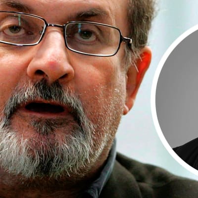 Kia Svaetichin och i bakgrunden an närbild på Salman Rushdie.
