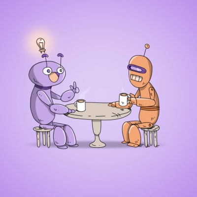 Bilden föreställer två robotkaraktärer som sitter vid ett bord och diskuterar över en kopp kaffe. 