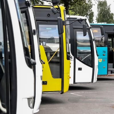 Fyra bussar i olika färger står uppradade på en busstation i Tavastehus. 