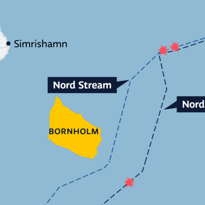 Karta som visar de tre läckagen i Nord Stream 1 och 2 utanför Bornholm
