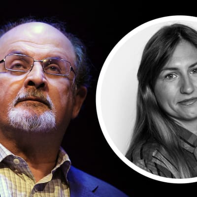 Grafik, till vänster Salman Rushdie och till höger en inklippt bild av Charlotte Winberg.