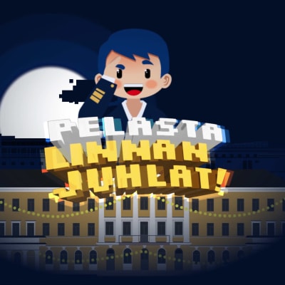 Piirroshahmo presidentin linnan taustalla öisessä kaupunkimaisemassa, etualalla Pelasta Linnan juhlat -tekstiplanssi