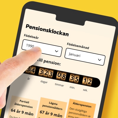 Illustration av ett finger som pekar på en mobilskärm som visar en applikation som heter "Pensionsklockan" som räknar ner tiden till pensionering.