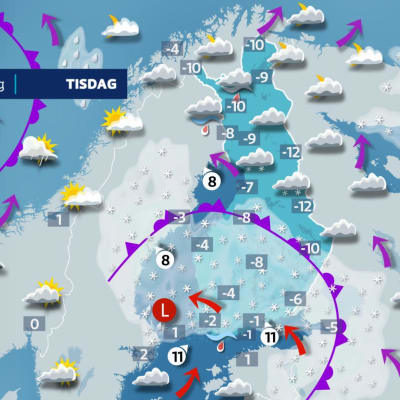 Väderkarta för tisdag som varnar för snöfall över hela södra Finland.