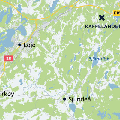 En karta över Lojo, Sjundeå och Virkby med ett svart kryss. Under krysset står det Kaffelandet.