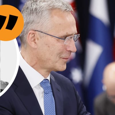 Gustaf Antell i en cirkel, i bakgrunden Jens Stoltenberg och Sauli Niinistö. 