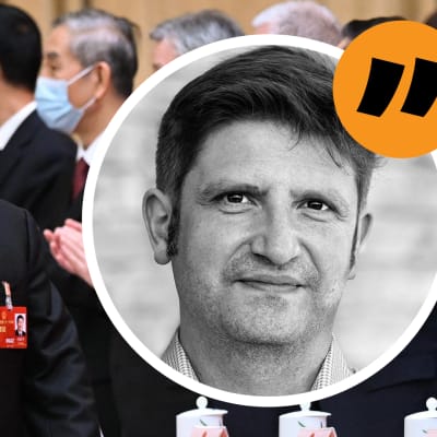Bild på Xi Jinping i kostym samt ett utklippt porträtt av Svenska Yles reporter Gustaf Antell. 