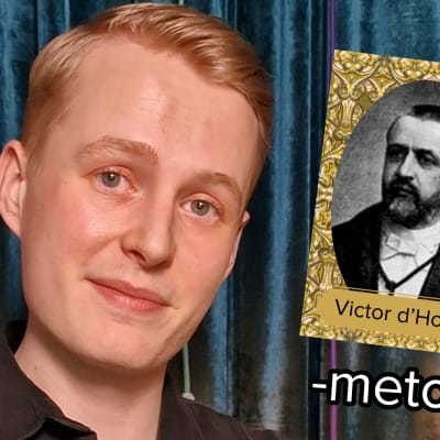 Redaktör Niklas i bild med en tavla av Victor d´Hondt.