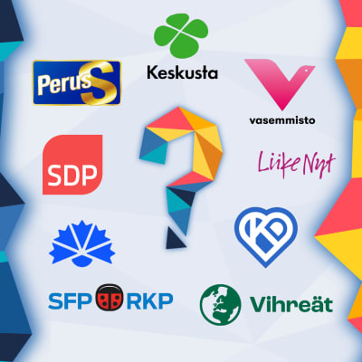 Eduskuntapuolueiden logot Ylen eduskuntavaalien 2023 vaaliteemaisella taustalla, keskellä kuvaa on kysymysmerkki