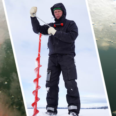 Ett bildkollage, i mitten finns en man med en röd isborr och på sidorna syns undervattensbilder med isborr och mätsticka.