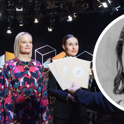 Petteri Orpo, Riikka Purra och Sanna Marin. Marianne Sundholm är inklippt i bilden.