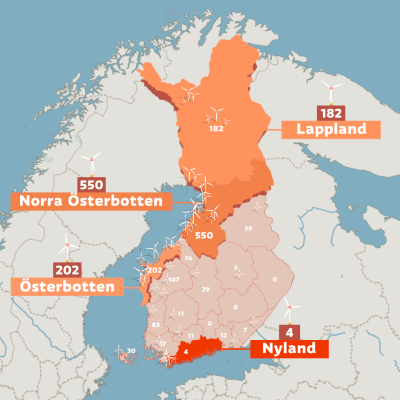 En karta över var vindkraften finns i Finland.