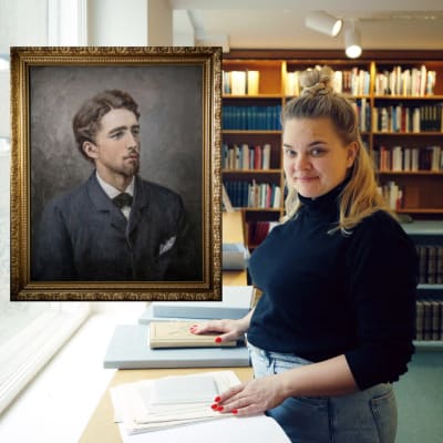 Nainen katsoo kameraan SLS:n arkistossa ja hymyilee. Vieressä kuva Albert Edelfeltin taulusta.