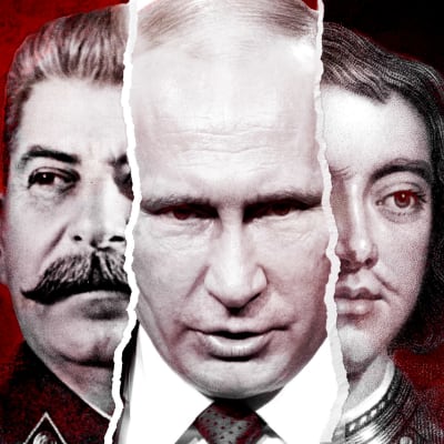 Kuvakollaasissa on rinnakkain Josif Stalin, Vladimir Putin ja Pietari Suuri