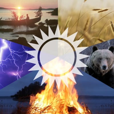 Kuvakollaasi, jossa kokko, viljaa, kesäinen järvimaisema, salamoiva taivas sekä talvinen metsä ja karhu.