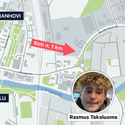 En karta som visar var Rasmus Takaluoma sågs i livet senast, Hotell- och restaurang Lapuahovi med omgivning.