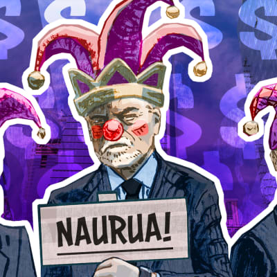 Klovneiksi pukeutuneet liikemaailman edustajat ja kyltti jossa likee "naurua".