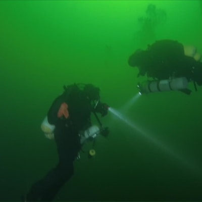 Två dykare med ficklampor lyser åt varsitt håll i ett grönt stort vatten.