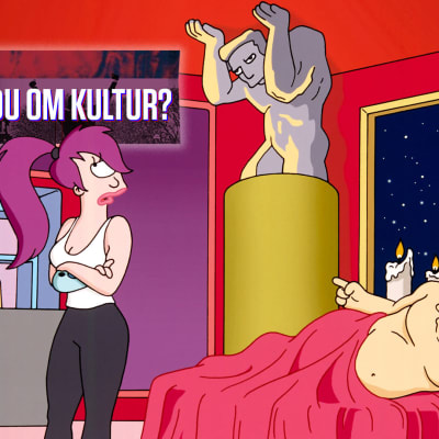 Tecknad bild på futuristisk enögd kvinna och naken man i säng