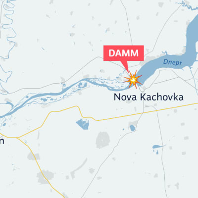 En karta över ställen där dammen Nova Kachovka har sprängts, nära staden Cherson.