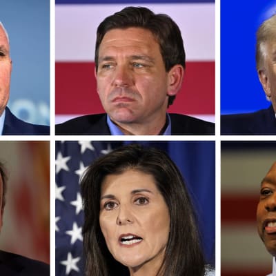 Ett bildcollage med repulikanska kandidaterna Mike Pence, Ron Desantis, Donald Trump, Christ Christie, Nikki Haley och Tim Scott.