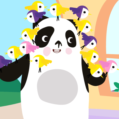 Animaatiohahmo Momolu-pandan pään päällä istuu paljon pikkulintuja.