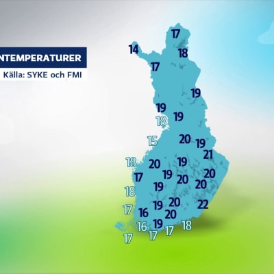Karta som visar ytvattentemperaturerna i Finland 12.8.2023 kl. 8. Temperaturerna varierar mellan 17 och 22 grader i insjöarna och mellan 15 och 18 grader till havs.