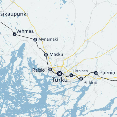 Karttakuva Uusikaupunki–Salo-lähijunien mahdollisesta reitistä. Reitille merkitty Salo, Paimio, Piikkiö, Littoinen, Turku, Raisio, Masku, Mynämäki, Vehmaa, Uusikaupunki.