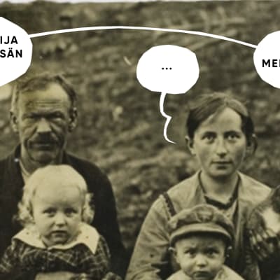 Isä ja äiti istuvat kaksi lasta ja kissa sylissään hakkuuaukean edustalla mustavalkoisessa valokuvassa. Kuvaan on lisätty puhekuplat, joissa seuraavat tekstit. Mies: Mikä on Maija Mehiläisen isän nimi? Nainen: ... Mies: Faija Mehiläinen